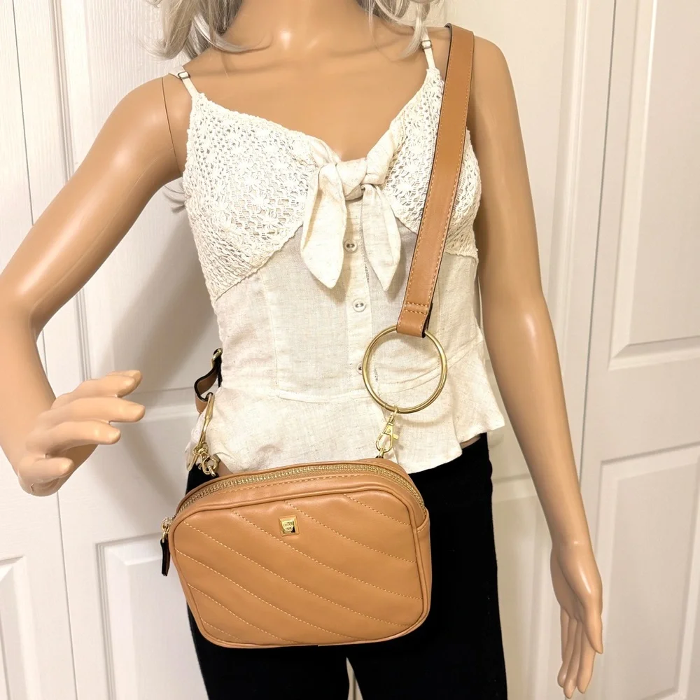 GIANNI BINI Tan Quilted Chevron Crossbody Shoulder Handbag Removable Str…